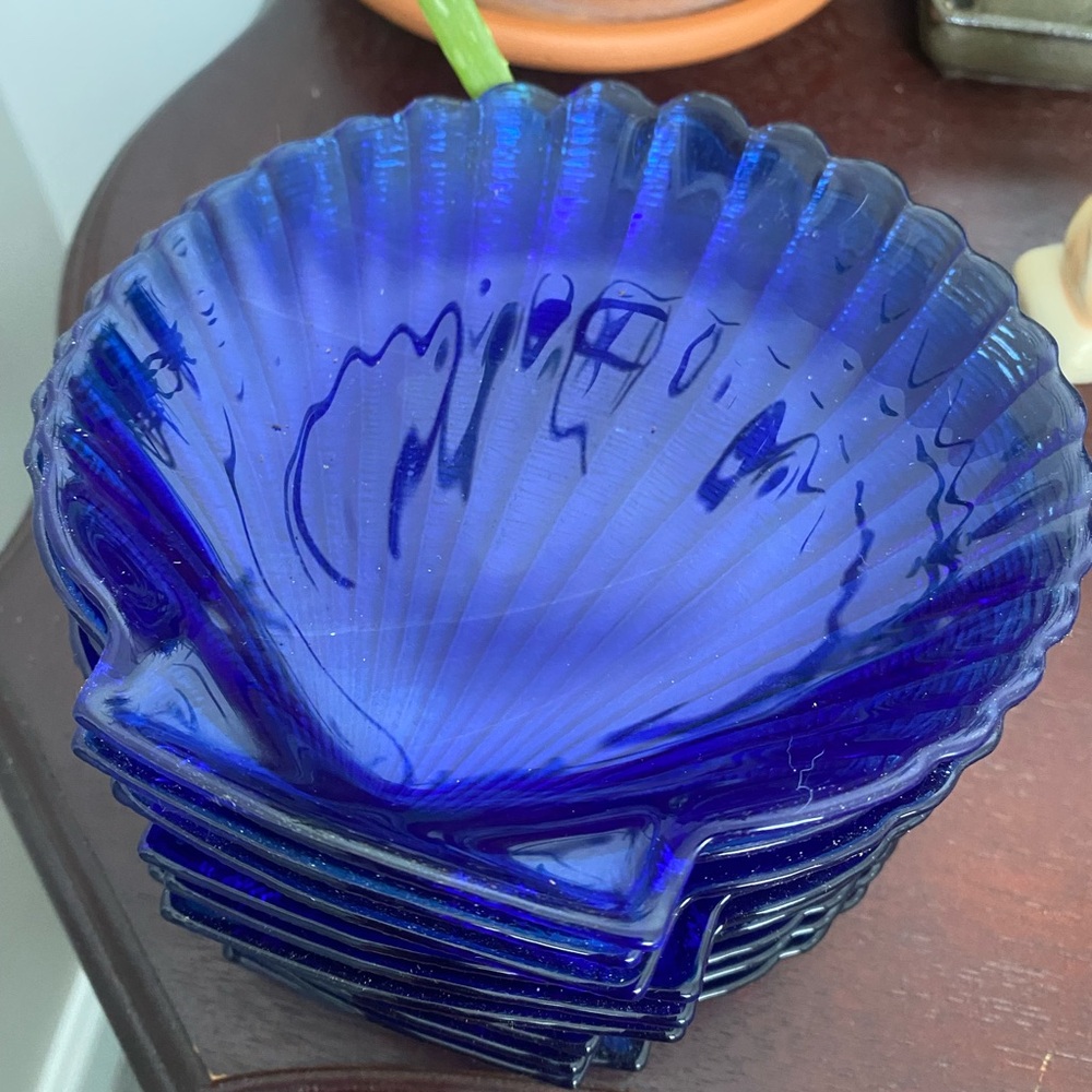 Set of 2–Vintage Arcoroc Coquillage Cobalt Blue Glass  Scalloped Shaped Design